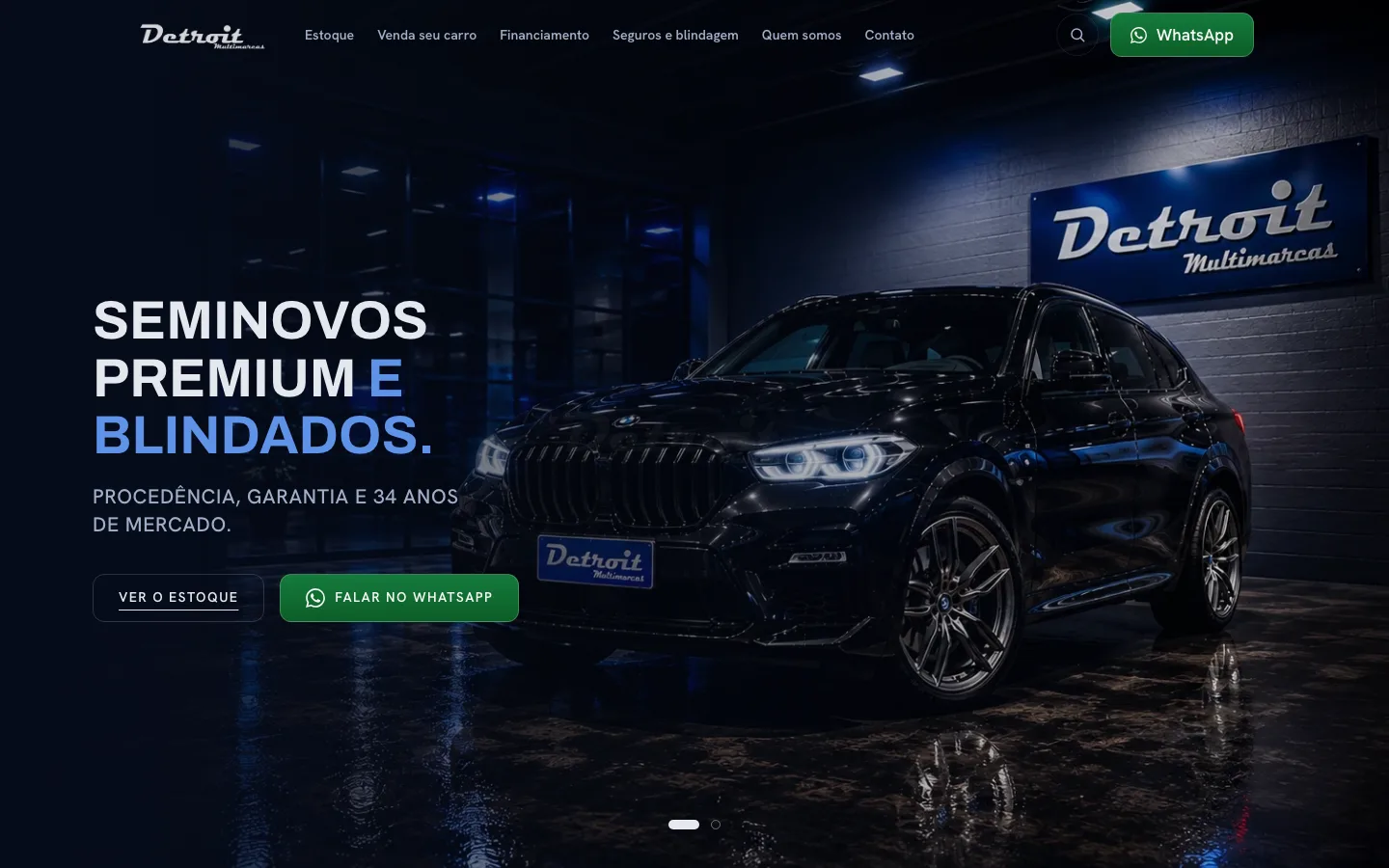 Site da Detroit com apresentação da loja, navegação para o estoque e chamada para contato