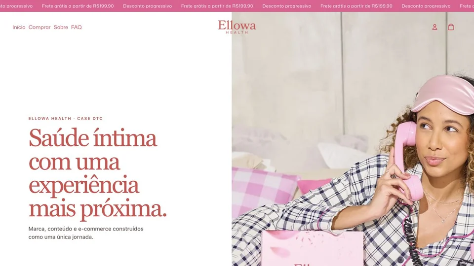 Apresentação da Ellowa com identidade em rosa, navegação da loja e imagem de contexto da marca